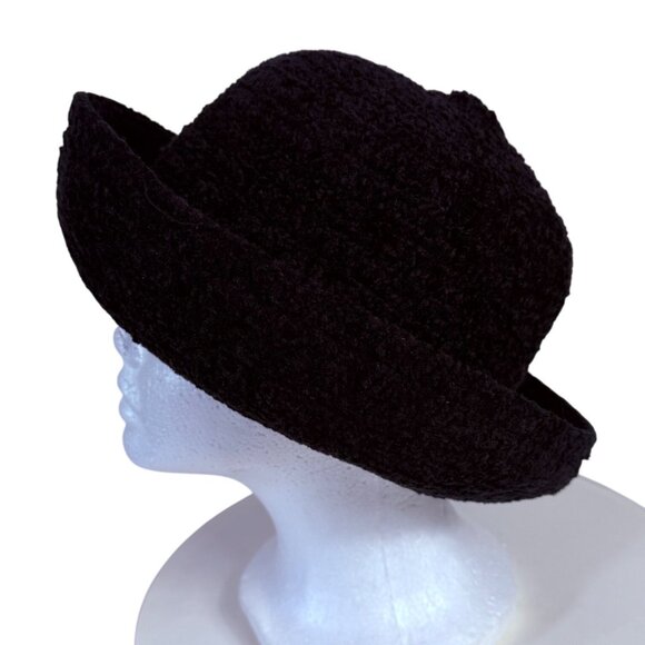 Arlin Black Fuzzy Bucket Hat Fuzzy Boucle Wide Rolled Brim Plush Winter VTG - Picture 3 of 8